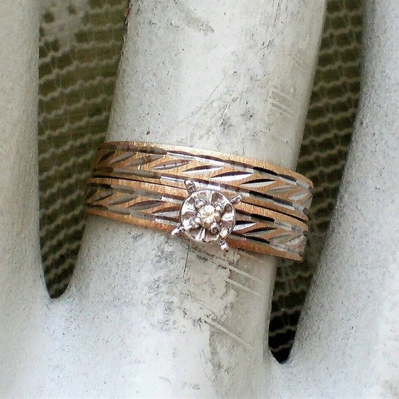 Vintage Designer 10K Yellow Gold Diamond Engagement Wedding Ring Band Bridal Set